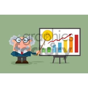 Professor Or Scientist Cartoon Character With Pointer Discussing Bitcoin Growth With A Bar Graph VVector Illustration Flat Design With Background