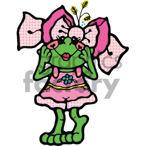 The clipart image shows a stylized, anthropomorphic frog character. The frog is standing upright and is wearing a pink dress with a flower design on its belly. It also has anime-style large eyes and a big bow on its head, which is also pink with gingham pattern details. The bow appears to have a small brush or leaves and some decorative elements on it, possibly representing some form of headdress. The frog's expression is cheerful as it's touching its cheeks with its hands.