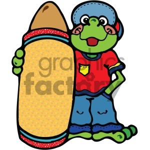 The clipart image shows a cartoon frog standing on its hind legs like a human, wearing a blue cap, a red T-shirt with a yellow patch, and blue pants. The frog is holding a large, oversized crayon next to it with its left hand. The crayon has a patterned yellow body with red, blue, and green detailing at the top and bottom. The frog has a happy expression and seems to be geared towards an educational or child-friendly theme, possibly for use in school-related materials.