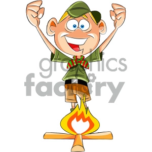 cartoon boy scout character starting a fire