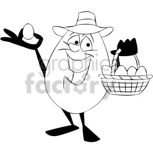 black and white cartoon egg character with basket of eggs