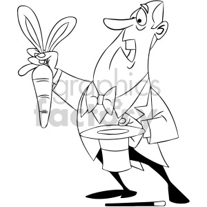 black and white cartoon magician pulling carrot out of a hat