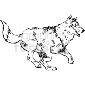 The clipart image depicts a wolf in a walking pose with its mouth open, as if it is trotting along and may be mid-howl or panting. The image is a black and white line drawing with a fair amount of detail, indicating the texture of the wolf's fur.