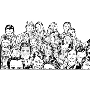 The clipart image depicts a black and white crowd of people, consisting of both men and women. The individuals are shown standing closely together in a group or tribe-like formation, with some people facing towards the viewer and others facing away. There is no specific activity or event being portrayed, but rather a general sense of a large gathering of people.
