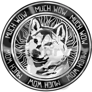 The clipart image shows a black and white vector graphic of a dog, specifically a Shiba Inu breed, which is the logo and mascot of the cryptocurrency called Dogecoin. The dog's head is inside a circle, representing a stylized coin. The image represents the digital currency Dogecoin, which is often associated with the meme culture.
