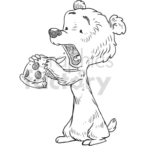 The clipart image shows a black and white cartoon of a baby bear eating a slice of pizza. The bear is standing upright, holding the pizza in both hands while taking a bite with its mouth. The image has simple outlines and no color except for the white background.
