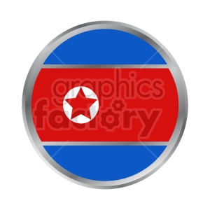 This image features a circular badge with the North Korean flag design inside of it. The flag has a central red panel bordered by narrow white stripes with blue bands. In the center of the red panel is a white circle with a red five-pointed star.