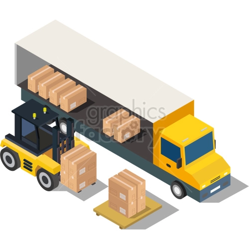 The clipart image depicts an isometric view of a forklift loading cargo onto a semi-truck in a warehouse setting. The forklift can be seen lifting a pallet of goods, while the back of the semi-truck is open and ready to receive the cargo. The image is designed in a vector graphic format, which allows for easy scalability without loss of quality.
