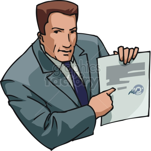 The clipart image shows a car salesman presenting a contract or agreement to a customer, who is reading and reviewing the document while the salesman looks on. The image does not depict a lawyer specifically, but rather a salesperson in the context of a business transaction.
