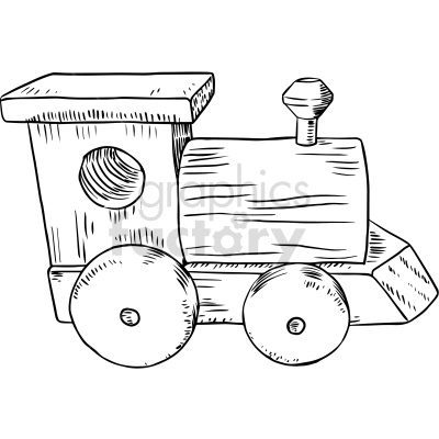 The clipart image shows a toy train made of wood, depicted in black and white. The image is a vector graphic, which means it can be scaled up or down without losing quality.
