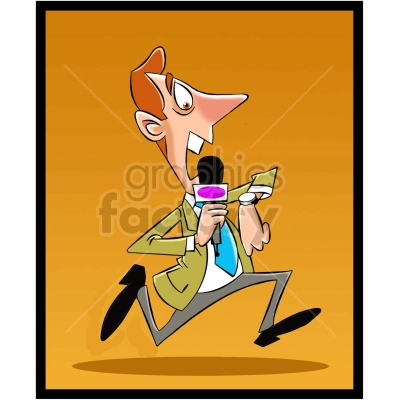 The clipart image shows a cartoon journalist running, presumably to cover an event or breaking news story. The character is wearing a press hat and carrying a microphone in hand.
