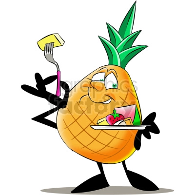 The clipart image depicts a cartoon pineapple fruit eating smaller pieces of fruit on a plate. The pineapple is shown with eyes and a mouth, suggesting that it is 