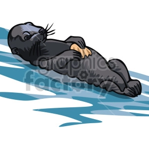 The clipart image shows a cartoon otter floating on its back in a body of water, which could be a river, pond, or lake. The otter is depicted as a brown furry animal with webbed feet and a long tail. It has a clam on its belly, which is a way they crack them open to eat
