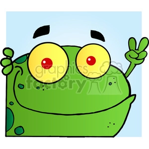 The clipart image features a stylized, cartoonish green frog with large, expressive yellow eyes that have red pupils. The frog appears cheerful and is making a peace sign with one hand. The background is a simple blue that fades into white at the bottom, suggesting a clear sky. The frog's facial expression and hand gesture seem to convey a lighthearted, friendly demeanor. Small details such as spots on its skin give it a playful and whimsical appearance.