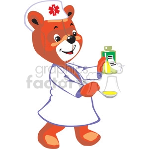 Nurse teddy bear holding a spoon and a bottle with medicine
