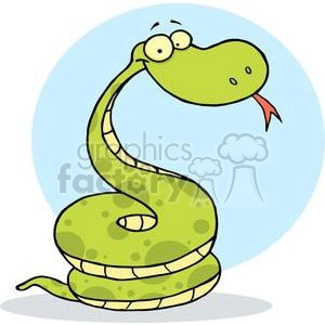 The image is a cartoon-style clipart of a funny green snake. The snake has a playful and silly facial expression, with big eyes, a long curled tongue, and a prominent, rounded snout. The background is a simple blue circle, which suggests the snake is the main subject of the illustration.