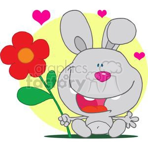 Happy Gray Bunny Holds Red and Orange Flower In Front Of a Yellow background With Three Pink Hearts