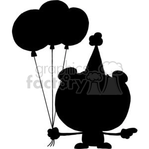 A Black Silhouette Happy Bear in Party Hat with Three Balloonso on a White Background