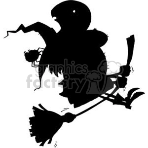 Cartoon Silhouette Witch and Spider Ride Broom