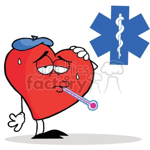 Flu Ridden Red Heart with a Thermometer in his Mouth in font of a Red Cross