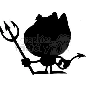 The image is a black silhouette of a cartoonish character resembling a devil or demon. The character has a large round body, a pointed tail, and is holding a trident. The character appears to have small horns on its head and is standing in a playful pose.