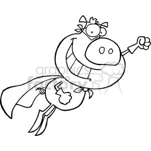 The image is a black and white clipart illustration of a pig wearing a superhero costume and cape, flying with one arm extended forward in a classic superhero pose. The pig appears to be smiling and is drawn in a whimsical, cartoonish style.