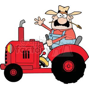 Happy Farmer In Red Tracto Waving A Greeting