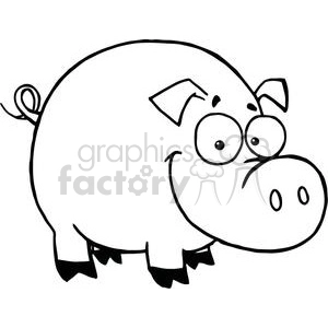 The clipart image features a comical depiction of a pig, designed in a simple, cartoonish style. The pig has large expressive eyes, a prominent snout, and a curly tail. It appears to be standing and facing slightly towards the viewer.