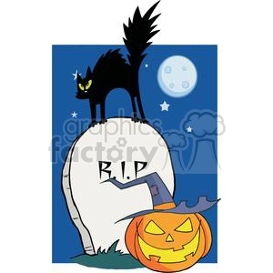 Black cat on a gravestone with a jack-o-lantern in front at night with moon and stars