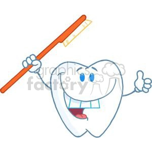 The clipart image features a caricature of a single anthropomorphic tooth. This tooth character is holding an oversized orange toothbrush in one hand as if it were a baton or stick, extending upwards at an angle. The tooth has a pair of blue eyes, a wide, friendly smile, a small tongue visible within the mouth, and is giving a thumbs-up gesture with its other hand. The tooth has a basic collar and tie, suggesting a personified character ready to encourage dental hygiene or represent a dental service or product.