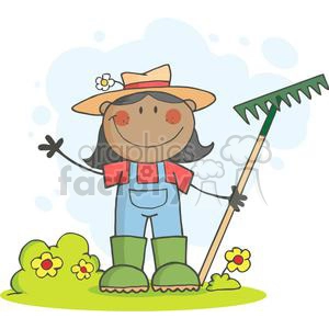 Farmer girl with a rake in grass with flowers