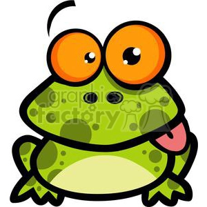 The image shows a comical, cartoon-style illustration of a green spotted frog. The frog has exaggerated large, orange eyes with prominent black pupils, which gives it a surprised or funny expression. Its mouth is open with a pink tongue sticking out, adding to the whimsical nature of the image.