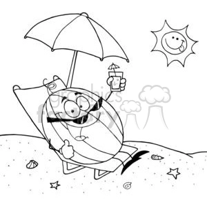 The clipart image depicts an anthropomorphic watermelon lying on a beach chair under an umbrella. The watermelon has a funny facial expression with wide eyes and a big grin, wearing sunglasses and giving a thumbs-up. It is holding a drink with a tiny umbrella in its hand. In the background, there is a smiling sun and a sandy beach with small details such as seashells and a starfish.