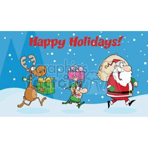 3339-Happy-Holidays-Greeting-With-Santa-Claus,Elf-and-Reindeer-Runs-With-Gifts
