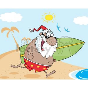 African-American-Santa-Running-On-A-Beach-With-A-Surfboard