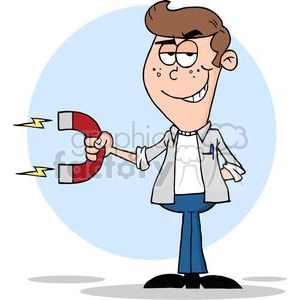 The clipart image shows a cartoon of a smiling young person (male figure) holding a large horseshoe magnet in his hand. The magnet has two visible magnetic fields represented by lightning bolt symbols, implying a strong magnetic force. The character is casually dressed with a long sleeve button-up shirt and blue jeans, and appears cheerful and confident.