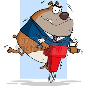 The clipart image shows a comical depiction of a brown dog dressed as a construction worker, wearing a blue suit with a tie and using a red jackhammer. The dog's expression and pose suggest he is somewhat out of control or struggling with the vibrating power of the jackhammer, which is a humorous take on the situation.