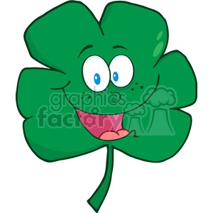The image shows a comical drawing of a green four-leaf clover with a face. The clover has large, expressive eyes, a smiling mouth with a tongue sticking out, and a little cheek blush. The illustration portrays a fun, anthropomorphic version of a clover leaf, typically associated with St. Patrick's Day and considered a symbol of good luck.