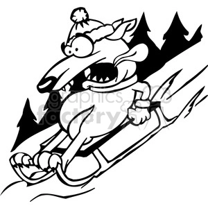 This clipart image depicts a cartoon dog sledding down a snowy hill. The dog is wearing a winter hat with a pom-pom and appears to be enjoying a fast sled ride, as illustrated by its wide-open mouth and tongue sticking out, suggesting the notion of exhilaration or perhaps the cold wind in its face. The outlines are bold and stylized for a playful effect, typical of clipart. In the background, simple pine trees are drawn to represent the winter landscape.