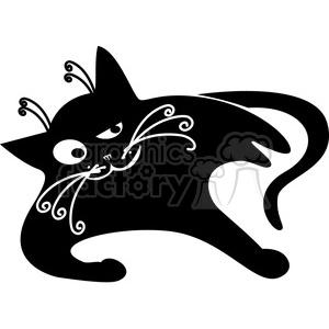 This is a black and white stylized clipart image of a black cat. The cat features decorative whiskers and a playful design with large, expressive eyes.