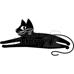The clipart image features a stylized black cat with decorative white accents on its face and tail, depicting a feline in a resting or lounging pose.