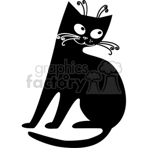 The image depicts a stylized black and white illustration of a cat. The cat is predominantly black with accentuated features like eyes, whiskers, and ear details in white. The style appears to be simple with sweeping curves and few details, making it suitable for various decorative purposes or as a logo.