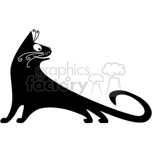 The image is a stylized black and white clipart of a cat. The cat is designed with simple black curves on a white background, creating a silhouette effect. The feline has a distinctive tail, characteristic pointed ears, and decorative swirls and shapes within its body that suggest fur and facial features.