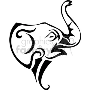 The image is a stylized outline of an elephant in a tribal or tattoo art style. The design is simplified and abstracted, with fluid lines and curves that emphasize the shape and features of the elephant, such as its trunk, tusk, eye, and ear. It is black and white, which suggests it is suitable for use as vinyl-ready artwork for decals, or as a tattoo design.