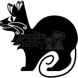 The image is a stylized clipart of a black cat. It features decorative white accents on the cat's face, ears, and tail, adding an artistic flair to the silhouette of the feline.