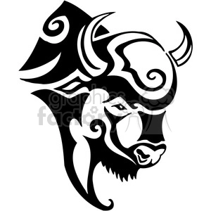 The image is a black and white vector illustration of a stylized buffalo in a tribal tattoo design. It features bold lines and swirls creating an abstract representation of the animal's face and horns.