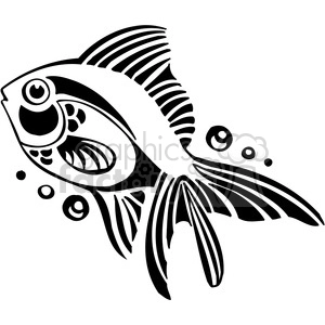 The image is a black and white clipart illustration of a stylized fish. The fish has a prominent eye, artistic lines that suggest scales and fins, and decorative bubbles around it. The design has elements that are reminiscent of tattoo art, with bold lines and contrasting areas of black and white creating an aesthetic suitable for a tattoo design.
