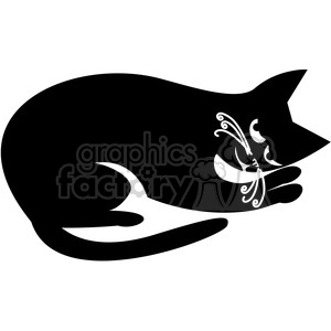 The clipart image depicts a stylized silhouette of a black cat. The cat is facing to the right, and its body and head are filled with elegant white floral and swirl designs.