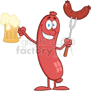 Cartoon-Character-Standing-Sausage-Holding-Beer-And-Sausage-On-A-Fork