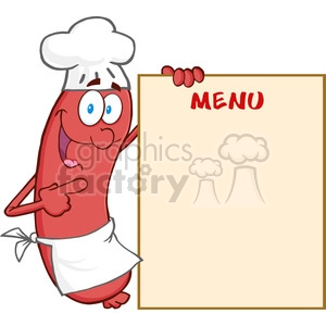 Happy-Sausage-Chef-Cartoon-Mascot-Character-Showing-Menu